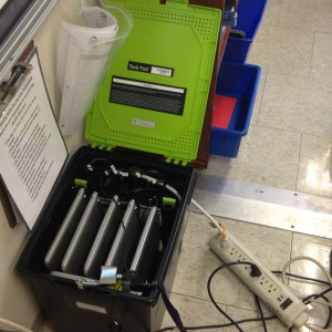 A bucket of chrome books in each portable.
